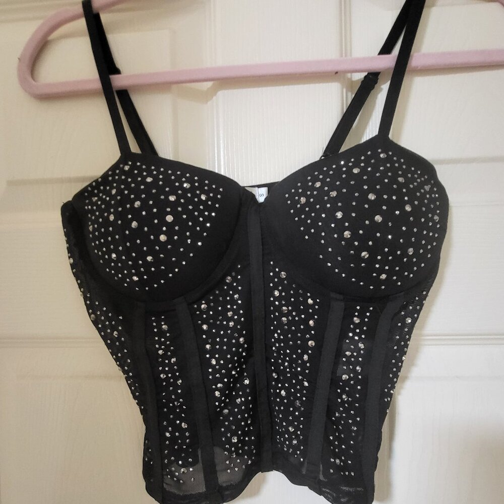 NEW EVER B siz Small Sexy Mesh Rhinestone Bralette Top with Adjustable Straps